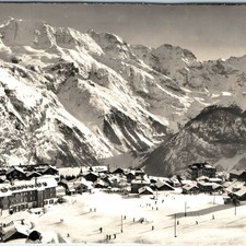 c1940s Murren, Switzerland Birds Eye RPPC Skiing Swiss Mountain Village Vtg A327