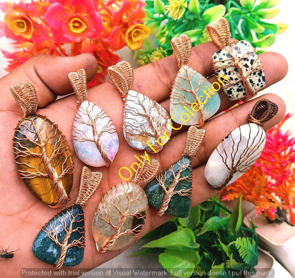 Lote de pingente de olho de tigre e mistura de pedras preciosas árvore da vida fio de cobre joias embrulhadas - Imagem 2 de 3