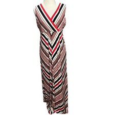 Calvin Klein Maxi Dress Womens 6 Red Chevron Stripe Surplice Empire Waist