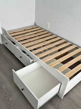 Single Bed frame with 3 storage drawers built in made with wood white color