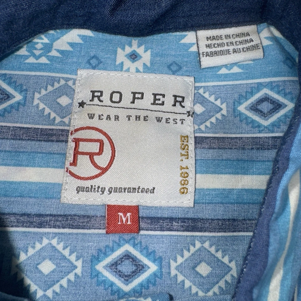 Roper Shirt Mens Med Blue Aztec Geometric Western Pearl Snap Long Sleeve Cotton - Image 2 of 4