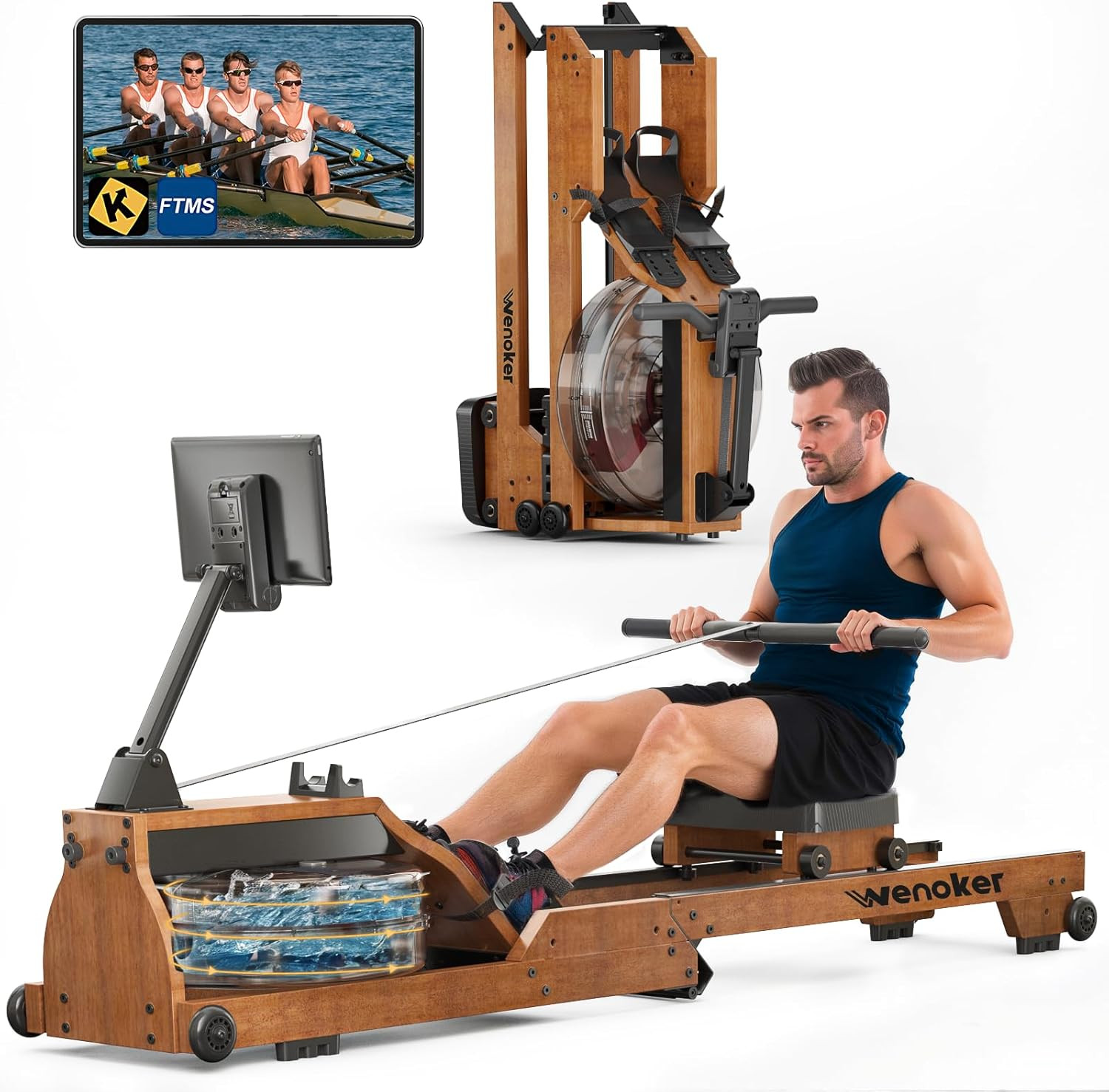 Water Rowing Machine for Home Use,  Wooden Foldable Rower Machine with Adjustabl