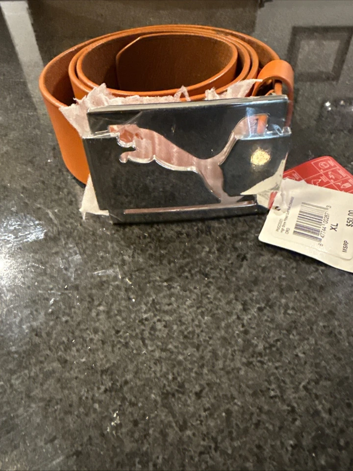 Cinturón de golf Puma para hombre con hebilla cuadrada tono plateado talla XL 110 cm cuero naranja nuevo Foto 2 de 4