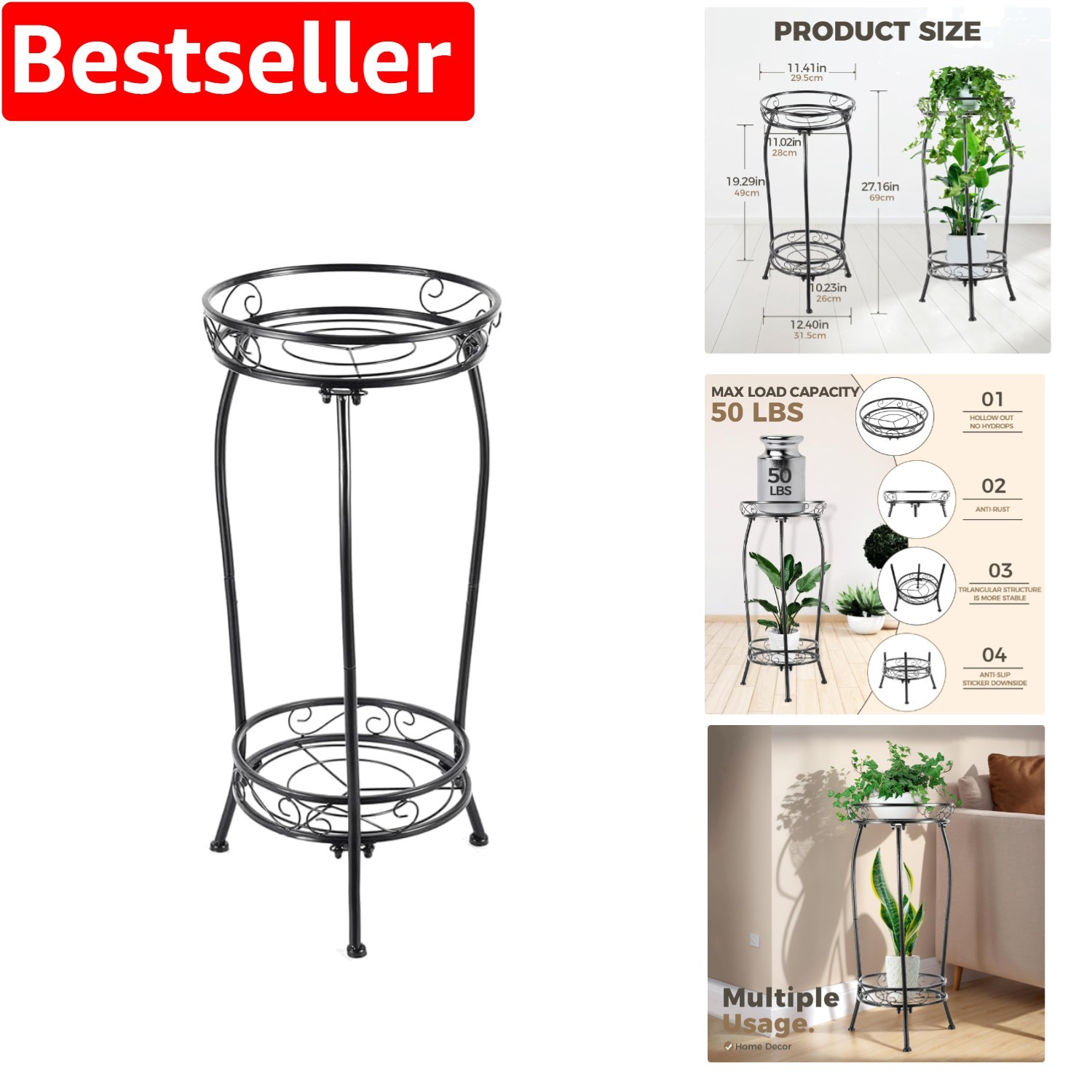 Durable 2-Tier Black Metal Plant Stand for Indoor and Outdoor Gardens