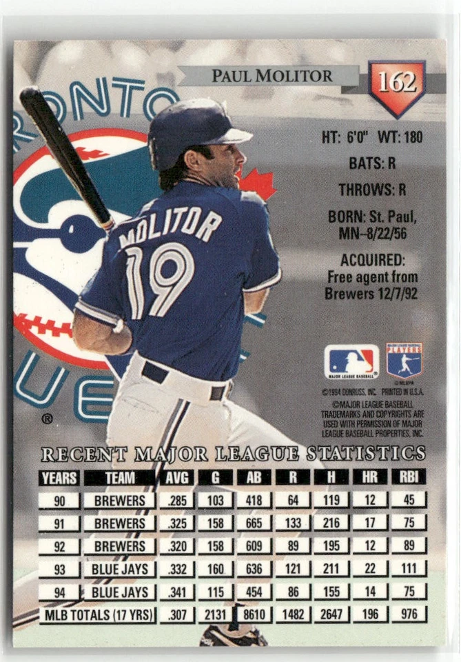 1995 DONRUSS #162 PAUL MOLITOR TORONTO BLUE JAYS - Image 2 of 2