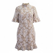Pretty Little Thing Womens Beige Lace Floral High Neck Mini Dress Size US 6