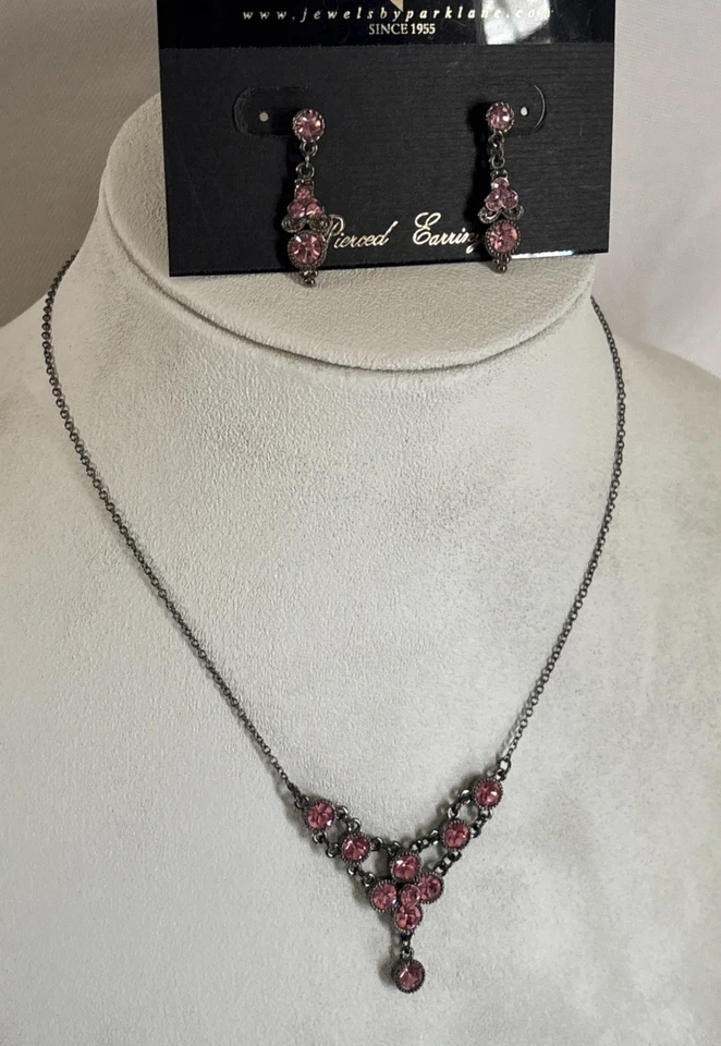 Park Lane Capri Necklace Earrings Hematite Tone Pink Crystals Rare Vintage WOW! - Image 3 of 4