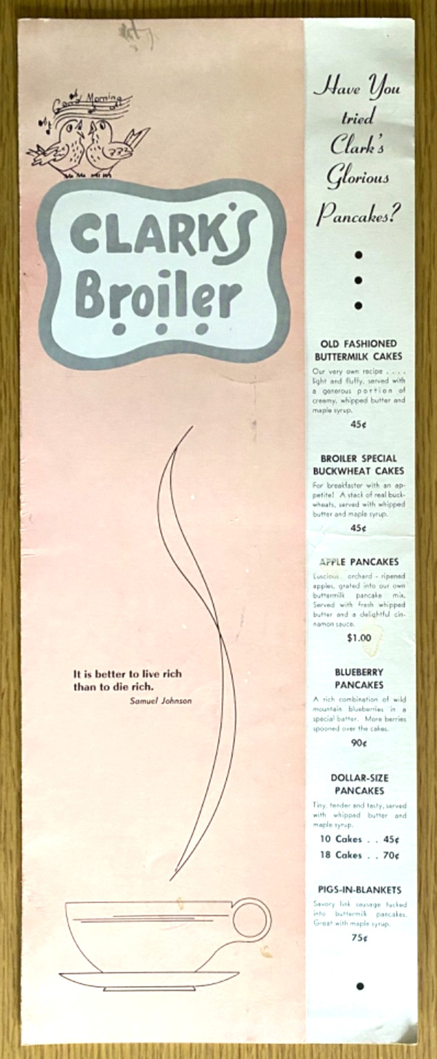 1960s CLARK'S BROILER vintage breakfast pancakes menu BAKERSFIELD, CALIFORNIA