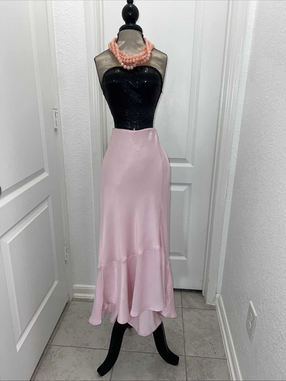 Anthropologie Pink Satin Asymmetrical Midi Skirt in XS – Soft 100% Viscose