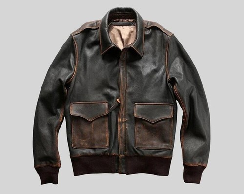 Men's A2 Cowhide Leather Jacket Black Bomber Aviator Distressed Military Coat