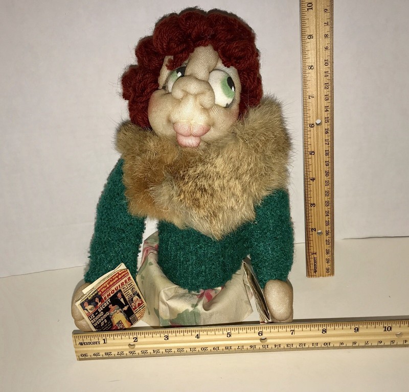 Handmade 12" Cloth Doll Mink Holding 2 Natl Enquirers of Aug 1981 Trump et.al.