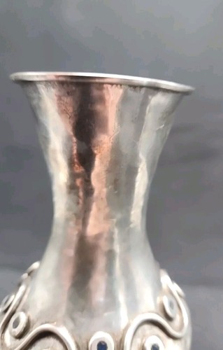 1950 LOS CASTELLO MEXICAN HAND WROUGHT SILVERED OLLA STYLE INLAID ABALONE VASE - Picture 2 of 13