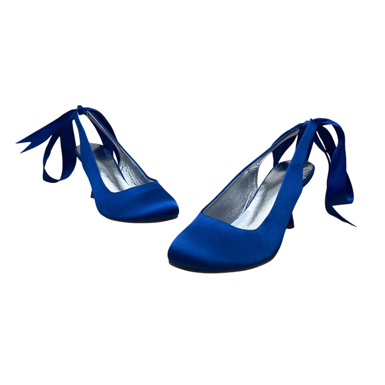 Tacones de bailarina con cinta de satén azul para mujer con plantilla plateada talla 9,5