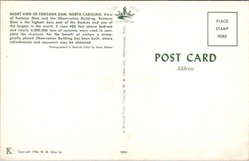 FONTANA DAM Night View NORTH CAROLINA birds eye view Postcard - Picture 2 of 2
