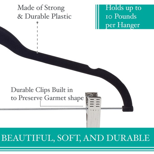 Velvet, Plastic and Metal Clothing Hangers with Clips, 6 Pack, Black - Picture 4 of 6