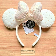 Tokyo Disney Resort Minnie Quilted Ears Headband Pearl White ribbon Japan