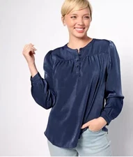 Denim & Co. Henley Long Sleeve Blouse with Shirring Detail Navy Large A627200