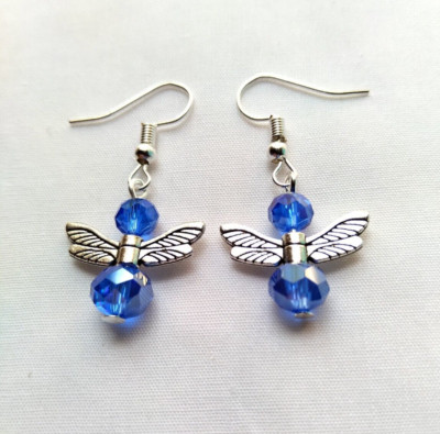 Dragonfly Beaded Earrings Blue Glass Crystal Silver Tone Wings Handmade Fire Fly