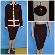 St. John Collection Brown Jacket Skirt XL L 12 14 2pc Suit Cream Trims Buttons