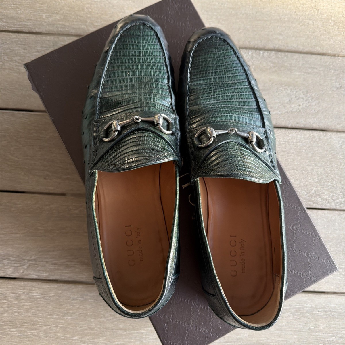Gucci Green Leather Lizard Ostrich Silver Bit Loafers Shoes Men's