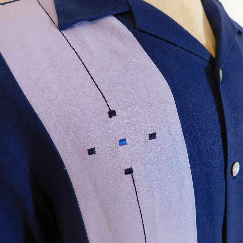 Vtg Da Vinci California Mens L Retro Rockabilly Atomic Blue Bowling - Image 2 of 4