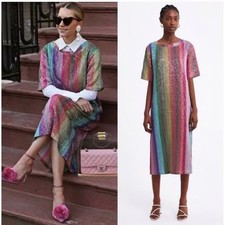 ZARA Rainbow Stripe Sparkly Sequin Midi Dress Bloggers Fav Sold Out