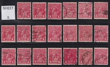 **PRICING IS FOR ONE (1) STAMP**. AUST KGV 1d RED SWK. WELL CENTERED. USED (5)