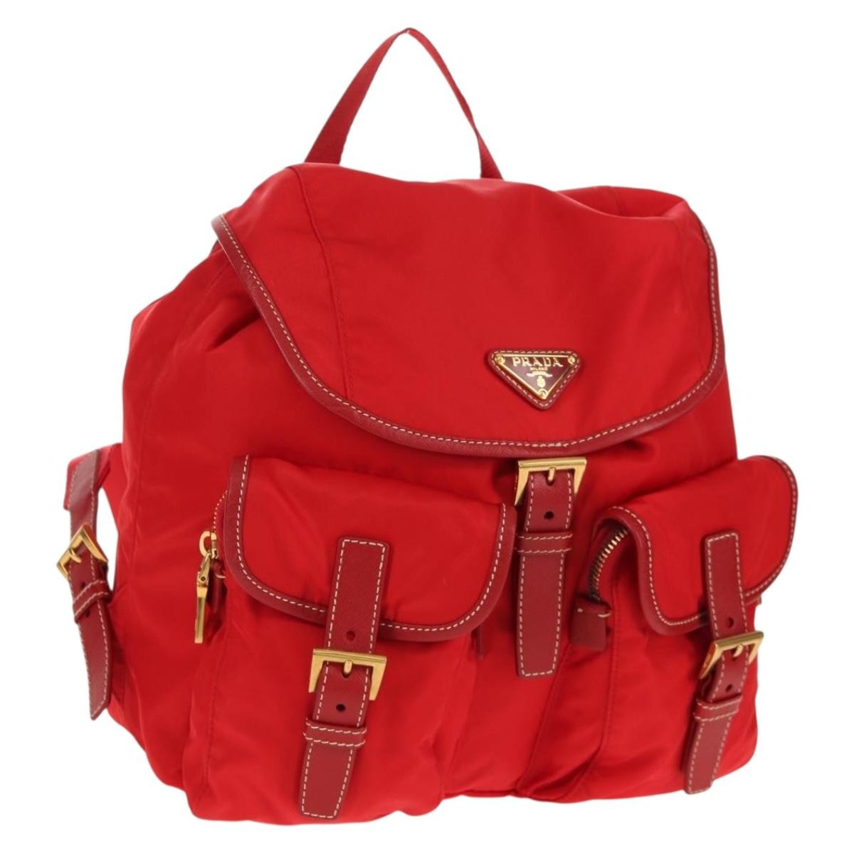 Prada Vela Double Front Pocket Backpack Tessuto With Saffiano Leather Red Nylon Backpack Bag (Pre-Owned)