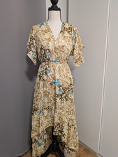Elegant Vokuhila Silk Dress with Gold Details - Beige/Blue