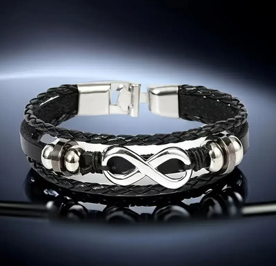 Monas modernes Infinity Biker Medaillion Herren Leder Armband Schwarz Silber Edi