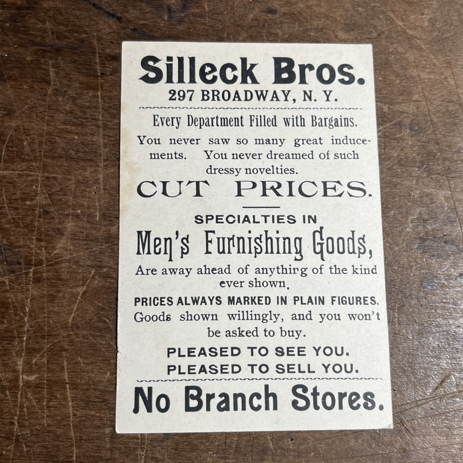 Antique Victorian Trading Card Silleck Bro. Bargains New York Kid & Letter - B1