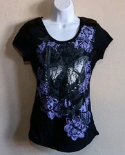 Y2K Butterfly Graphic Sequin Fitted Tee, Black & Purple, 00s Scene Skater Top