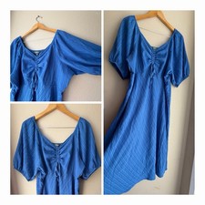 Women's Terra & Sky Boho Peasant Midi Dress Blue Puff Sleeve Size 14 W Babydoll