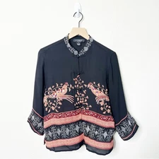 Citron Santa Monica Kaftan Black Orange Top Birds Sequin Asian Top Womens Size L