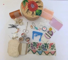 Vintage Straw Sewing Basket With Original Contents Wood Spool Phone Key Chain