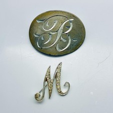 Alphabet Initial Brooch Pins Lot of 2 Letter M Rhinestone and B Engraved
