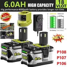 1-4X For Ryobi P108 18V ONE Plus Battery/Charger LITHIUM-ION 6.0Ah High Capacity