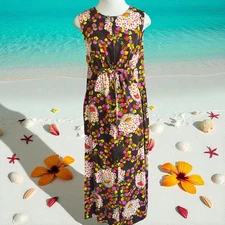 Vintage Hawaiian Brown Floral Maxi Dress Drawstring Tie RN 17573 Sears Hawaiian 