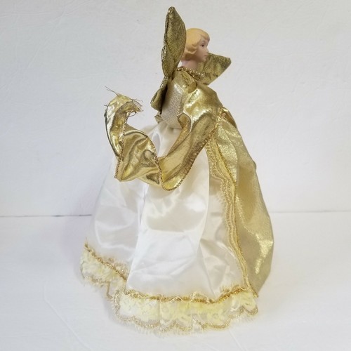 10" Angel Tree Topper Ceramic Head Blonde Gold Wings Dress Lace Holiday Ornament - Picture 8 of 8