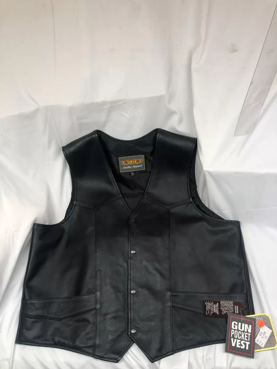 UNIK Brand Men s 5XL Black Leather Vest Style 604 Concealed Carry