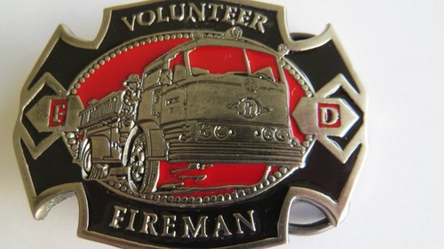 VOLUNTEER FIREMAN Belt Buckle Fire Truck Black Red Enamel F.D. - Picture 4 of 9