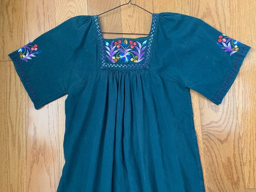 Vintage 70s Dark Blue Embroidered Ethnic Hippie Kaftan Caftan Maxi Dress L - Picture 7 of 8