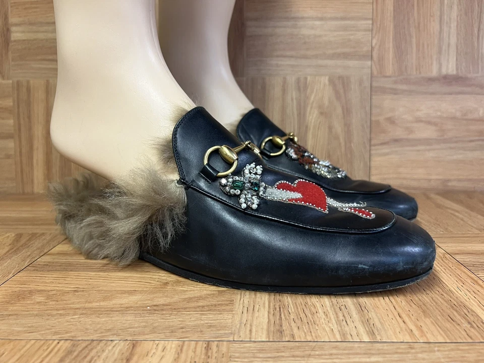 RARE Gucci Princetown Horsebit Jordaan Loafer Mule Leather Fur Sz 9 Tiger Heart