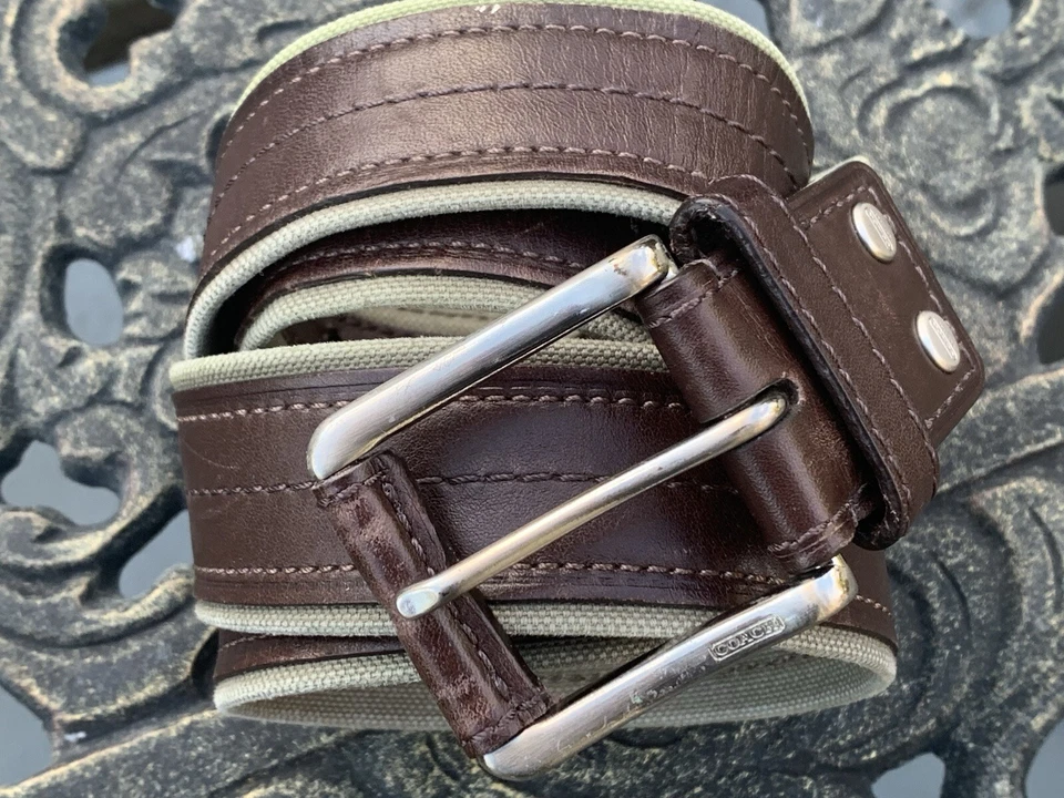 COACH Safari Belt Khaki Woven Wool Trim Brown Leather Mens Sz: 40 /100cm - Image 2 of 4