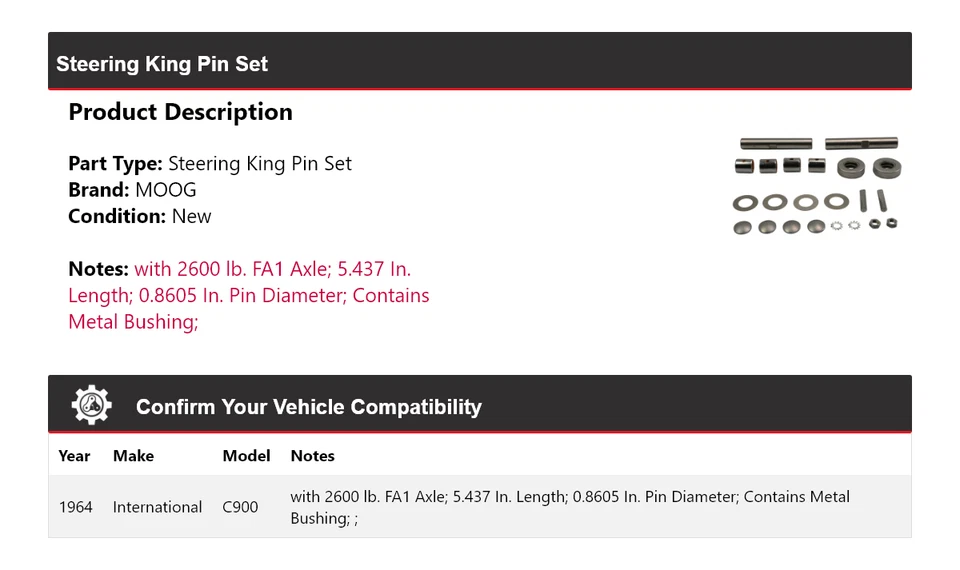 Juego de pasadores de dirección para International C900 1964 MOOG Foto 2 de 4