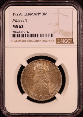 1929-E Germany "Weimar Republic" Meissen Silver 3 Mark - NGC MS62 - Original+