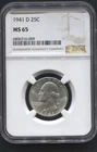 1941-D- 25c Washington Quarter- NGC- MS65. 90% Silver
