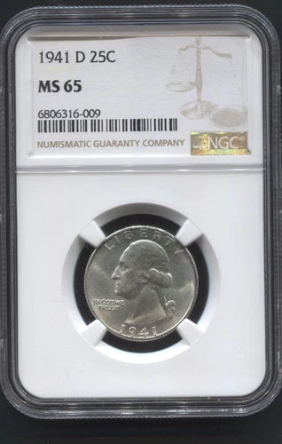 1941-D- 25c Washington Quarter- NGC- MS65. 90% Silver