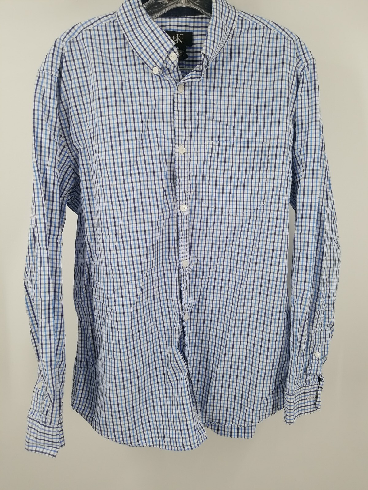 Calvin Klein Mens Button Down Shirt Plaid Long Sleeve Size M Medium White Blue