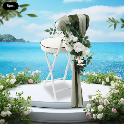 6PCS Artificial Flower with Fabric Green Ribbon Chair Cover Wedding Party Decor